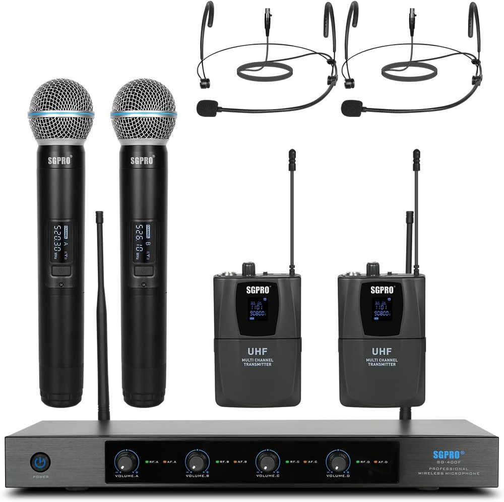 4-Channel Wireless Microphone System with 250Ft Range & Metal Mics