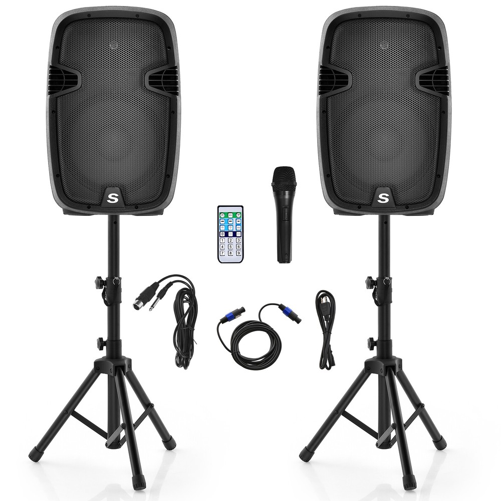 Suono Dual 12″ 2-way 2000W Powered Speakers w/ Mic Speaker Stands