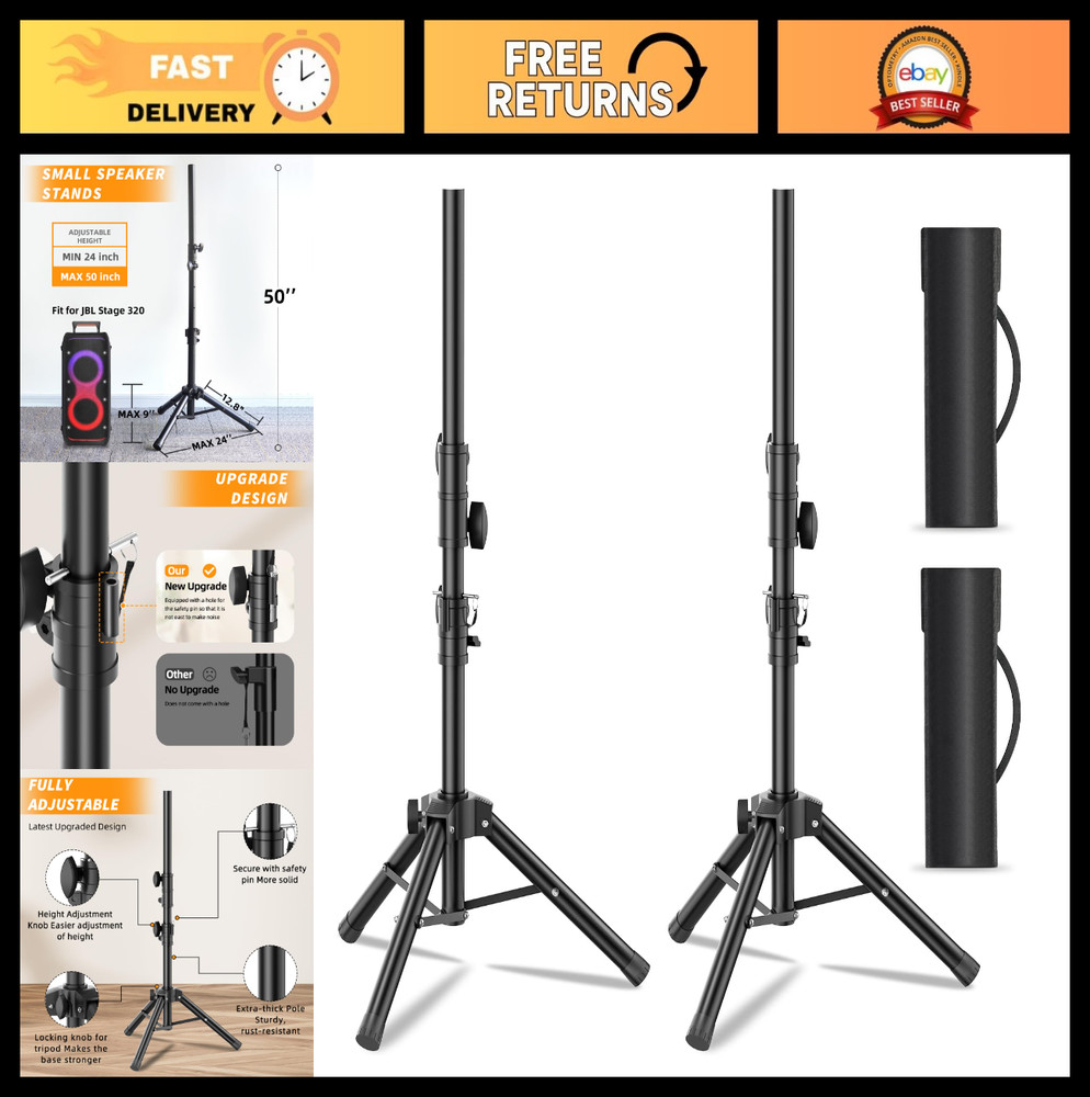 Adjustable Speaker Stands 2 Pack, 24-50 Inch Tripod, Lightweight, 55 LB Capacity