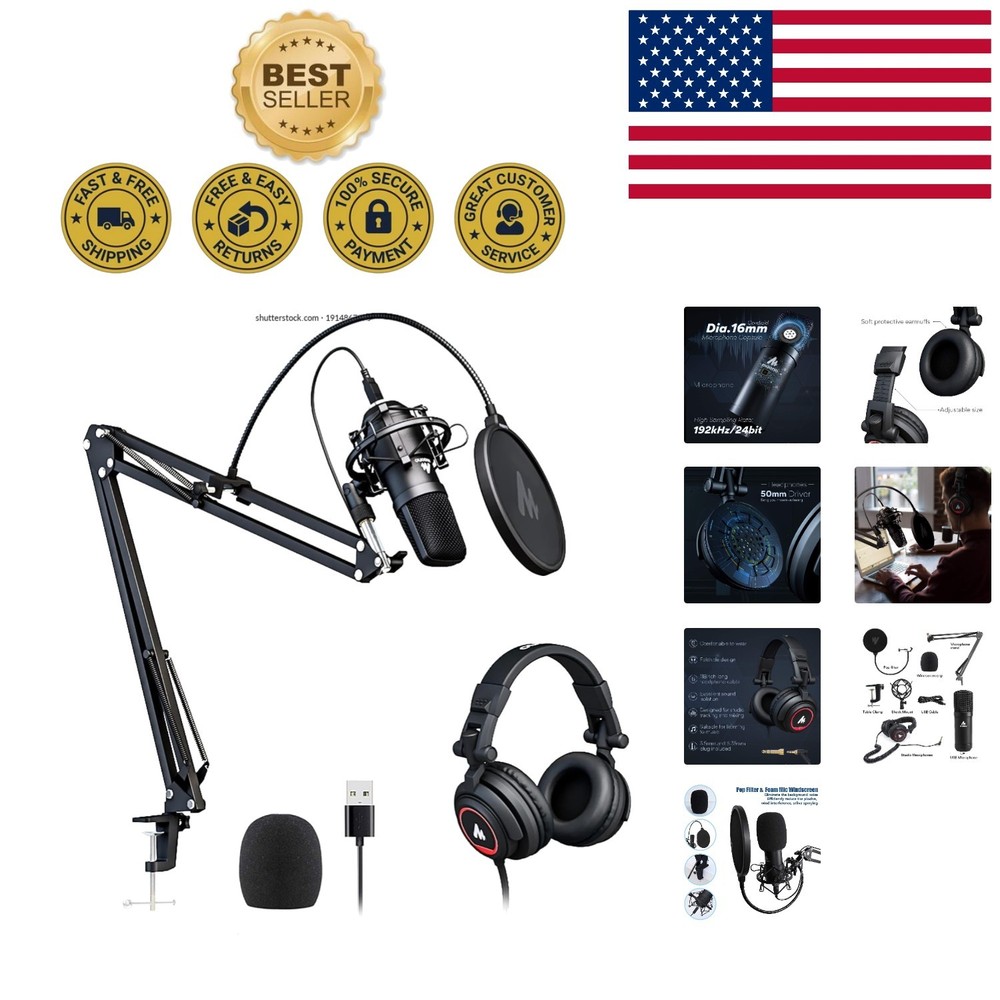 Multi-Device Compatible USB Condenser Mic with Studio Headphones for Podcasters