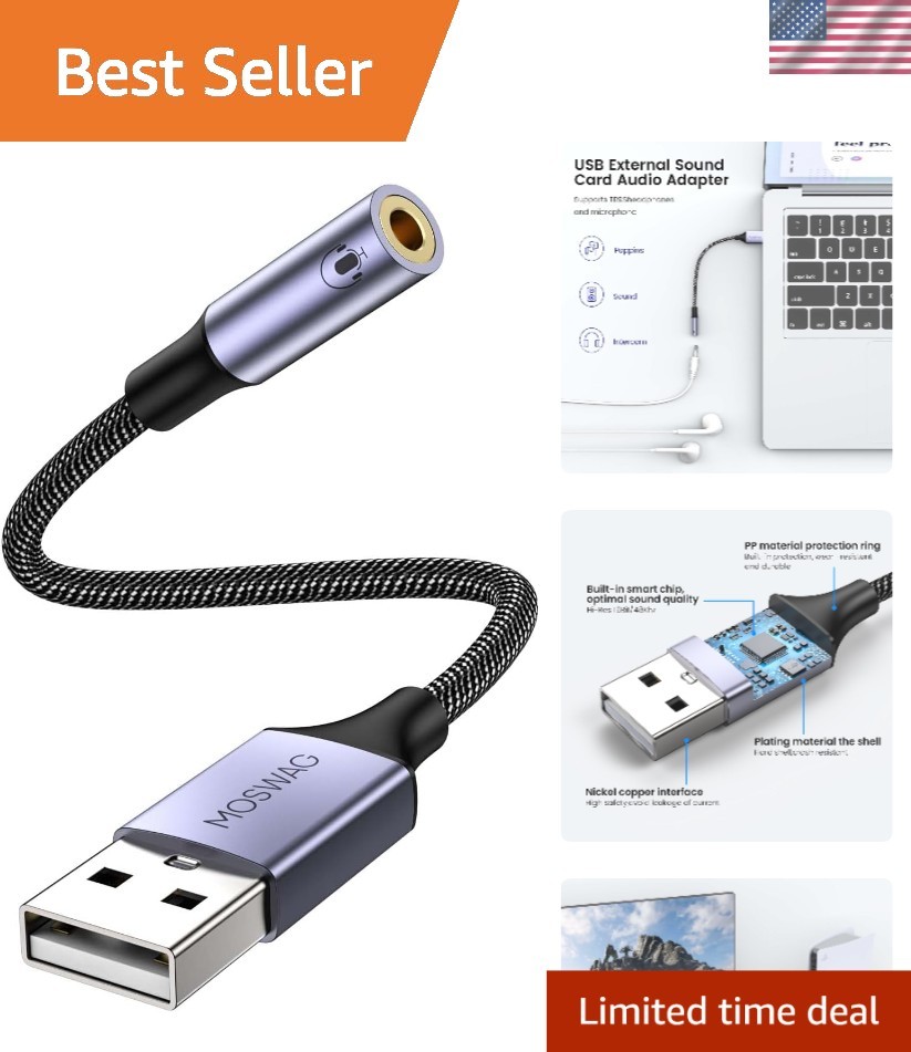 USB to 3.5mm Jack Audio Adapter 0.65Feet/20cm, External Sound Card Support Mi…