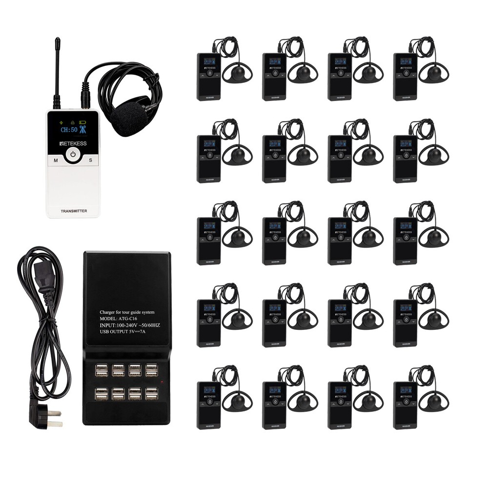 TT116 Tour Guide System 656ft 2 Transmitter 20 Receiver Charging Base for Church