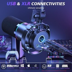 Dynamic RGB Microphone Kit XLR/USB with Boom Arm Mute Gain Control Black