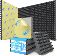 12 Pack Pyramid Sound Proof Foam Panels for Walls with Updated Self-Adhesive 3″X