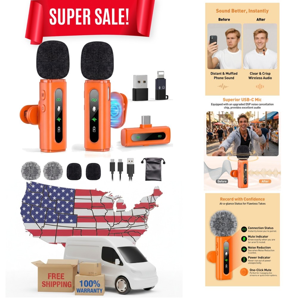 High-Quality Wireless Lavalier Microphone for Smartphones & PCs – Orange Design