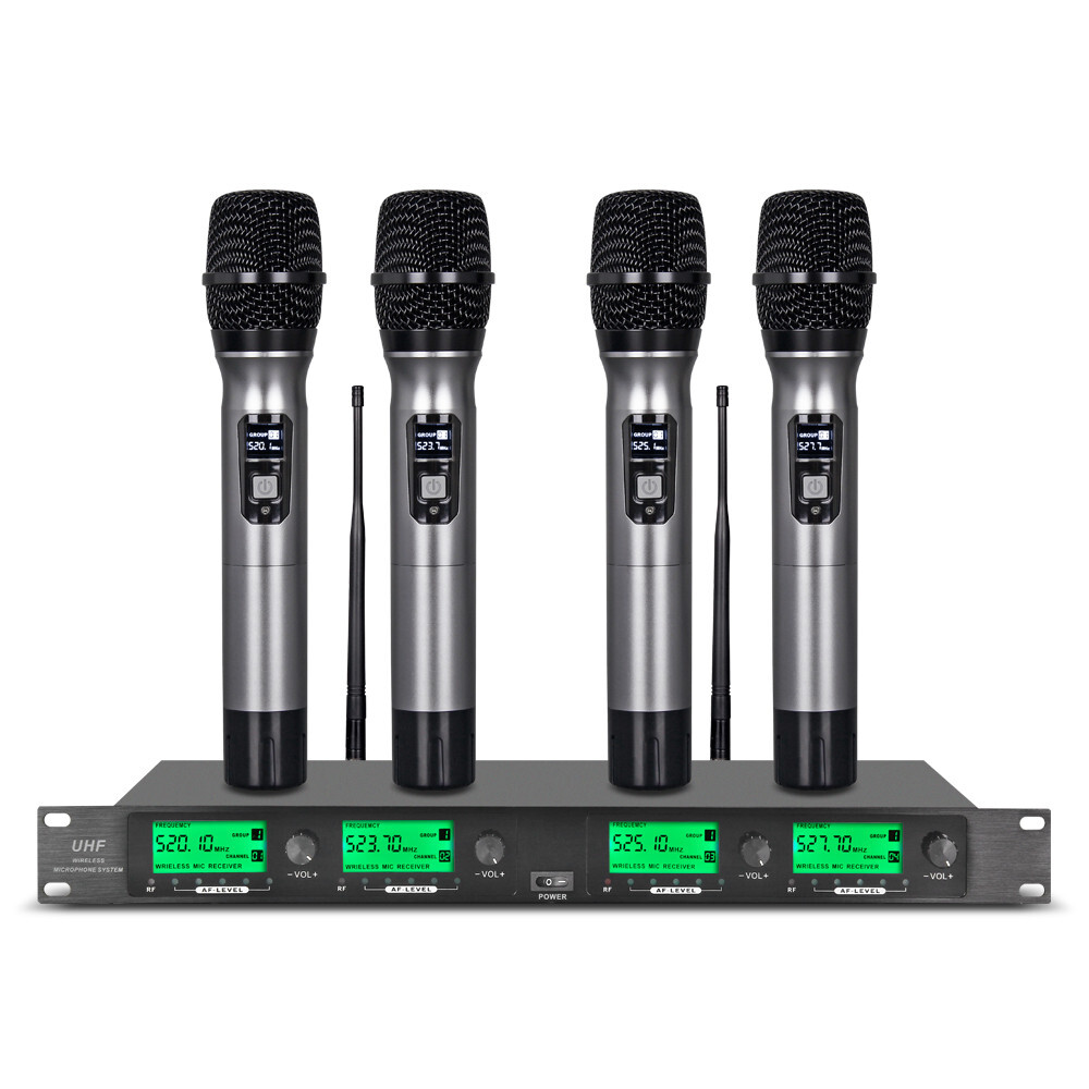 Wireless Microphone System Pro Audio UHF 4 Channel 4 Handheld Metal Dynamic Mic