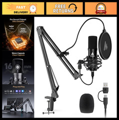 USB Microphone Kit – 192kHz/24Bit Plug & Play Condenser Mic for PC, Podcast, Gam