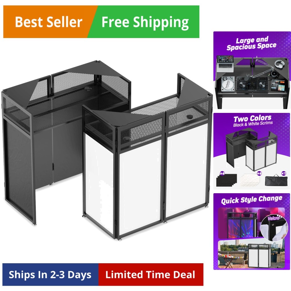 Foldable DJ Booth with Two Top Trays, Tool-Free Assembly, DJ Table with White…