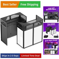 Foldable DJ Booth with Two Top Trays, Tool-Free Assembly, DJ Table with White…