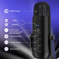 USB Podcast Microphone Noise Cancelling Mic Gain Mute Monitor for PC Mac