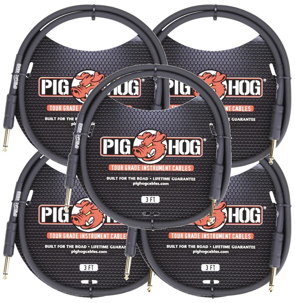 5 Pack Pig Hog PH3 1/4 Straight Instrument Guitar Cord 3 Feet Patch Cable 8mm