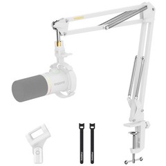 Boom Arm Microphone Stand, BA20 White, Adjustable, 1KG Load, Desk Clamp, Adapter