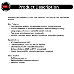 Monoprice Wireless Mic System Dual Handheld 200-Channel UHF for Karaoke Church