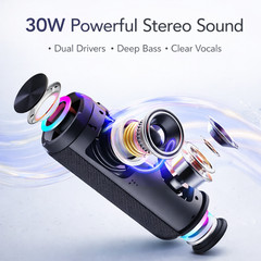 Portable Bluetooth Speaker 30W IPX7 Waterproof Deep Bass BT 5.4 RGB LED 24H TWS