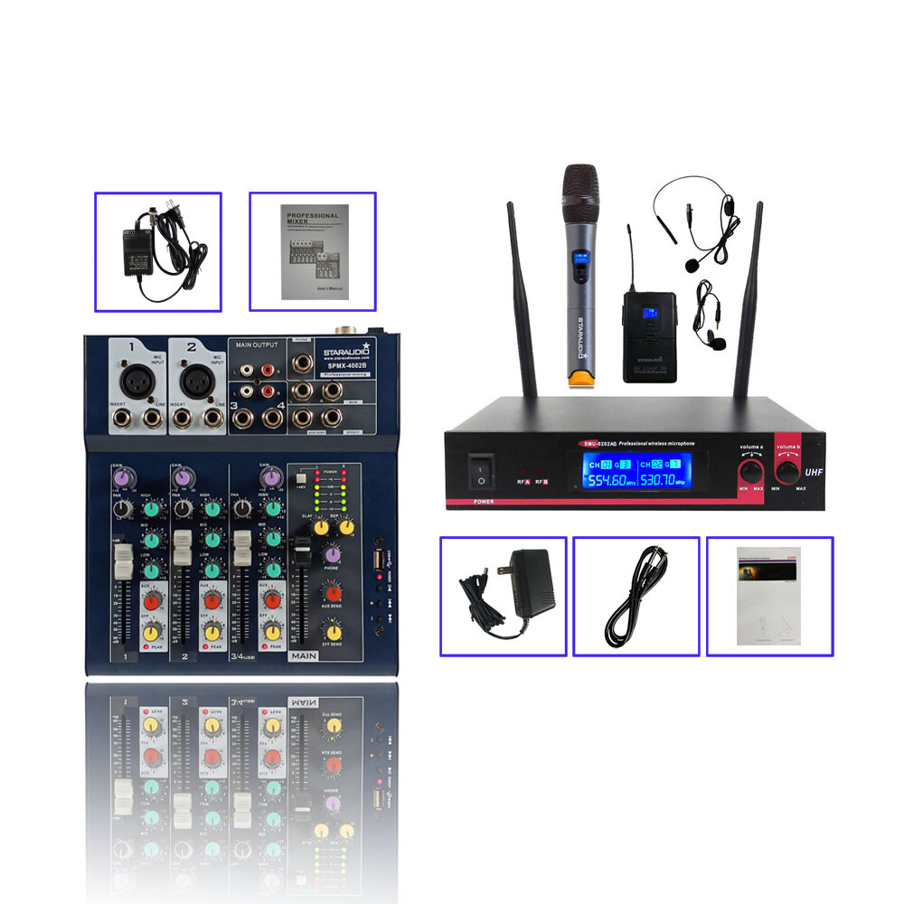 Handheld W/Headset Lavalier Lapel Microphone 4-Channel Sound Mixing USB Console