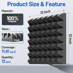 12 Pack Soundproof Foam Panels – High Density Acoustic Wall Tiles, 2″x12″x12″, S