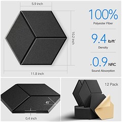 12 Pack Self-adhesive Acoustic Panels 12″ X 10″ X Y-Cut Hexagon 12 Pack Black