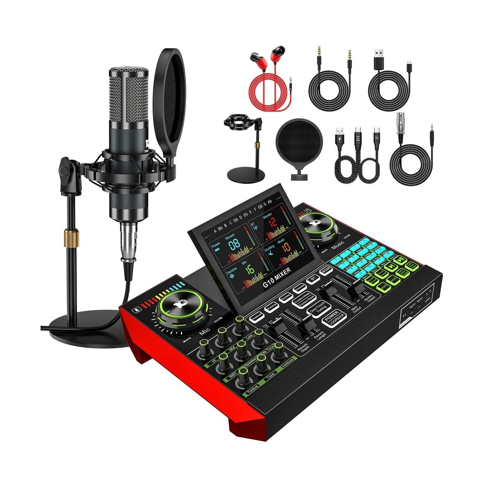 Podcast Equipment Bundle with Live Sound Card Audio Mixer, 3.5mm Condenser Mi…