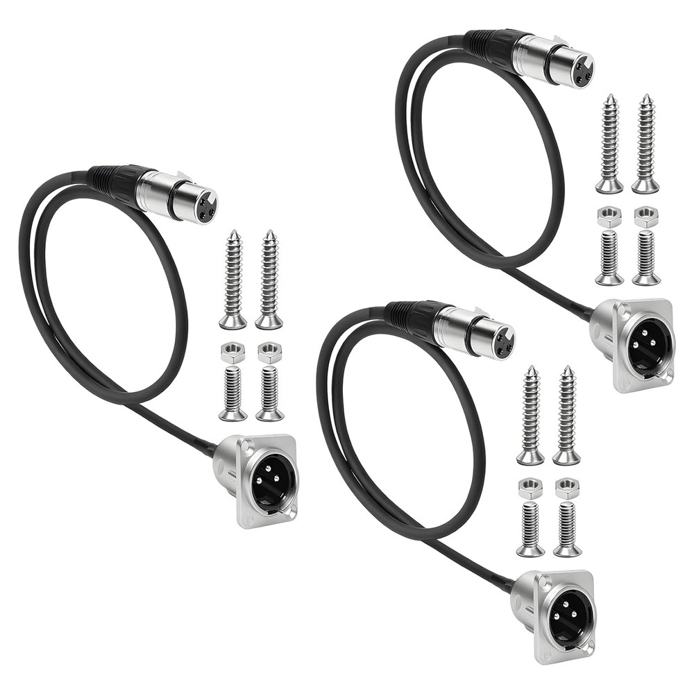 3-Pack 2Ft XLR Pass-Through Cable, Male to Female for Patch Panels and Stage Box