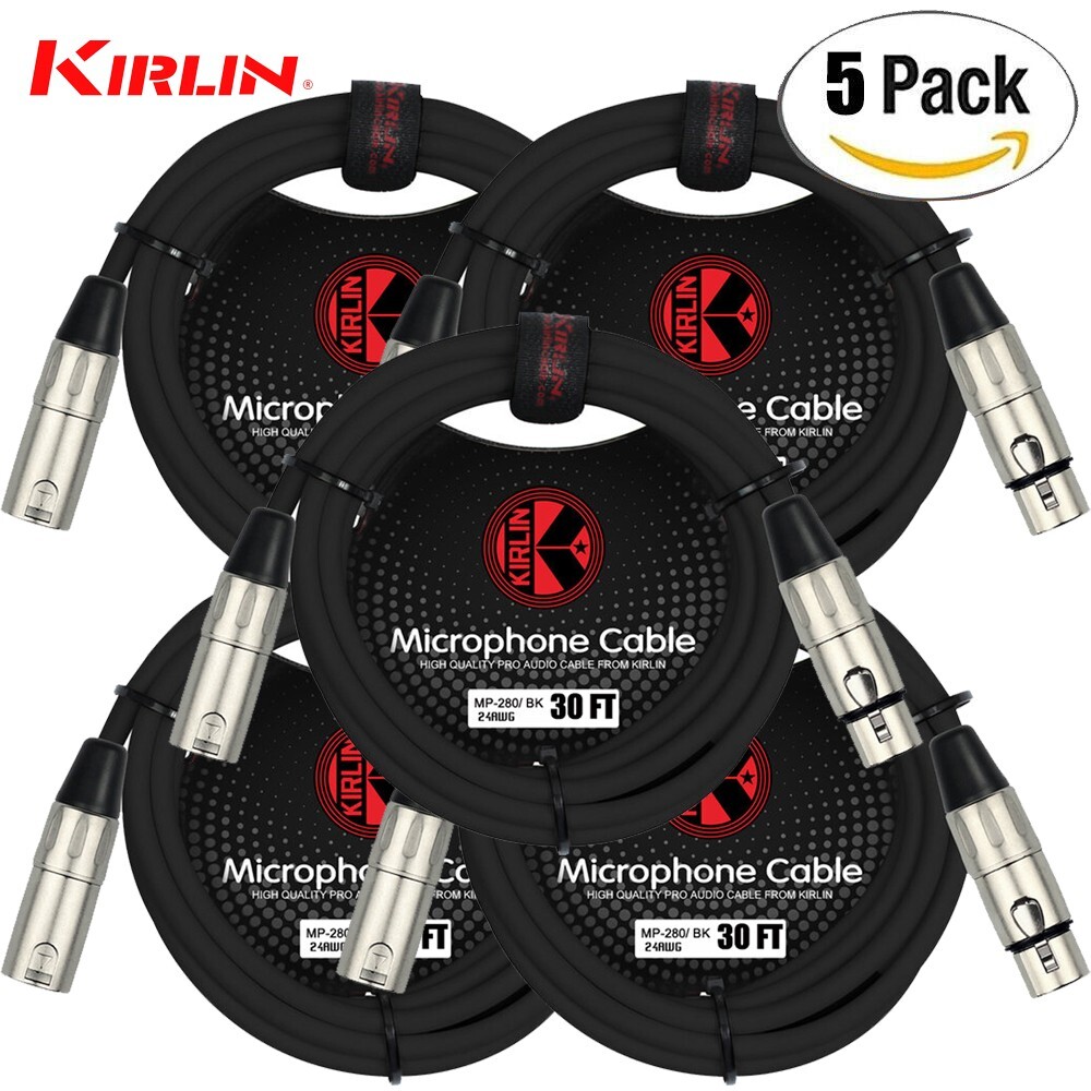 5-PACK Kirlin 30FT 3-Pin XLR Male to Female 20AWG Microphone Cable MP-280-30/BK