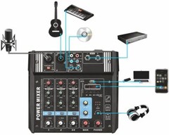 TEYUN PA4 4 Channel Audio Mixer Console w/ Amp DJ Stage Mixing Board US Plug