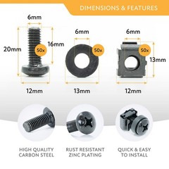 M6 Cage Nuts, Screws and Washers [Size: M6 x 16mm 50 Pack] Rack Mount Screws …