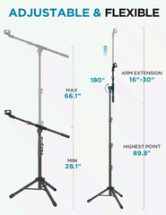 Microphone Stand 2-Pack Tripod Boom Arm Height Adjustable w/ Bag, Clips Adapter