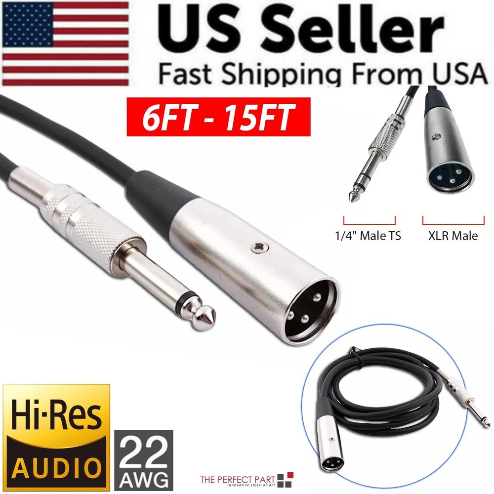 XLR 3-Pin Male To 1/4″ Plug TS Microphone Mono Cable Unbalanced Shielded Audio