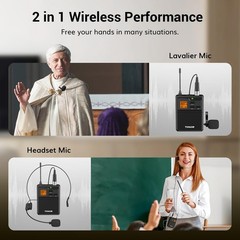 UHF Wireless Microphone System: Headset, Lavalier, 15 Channels, 200ft Range