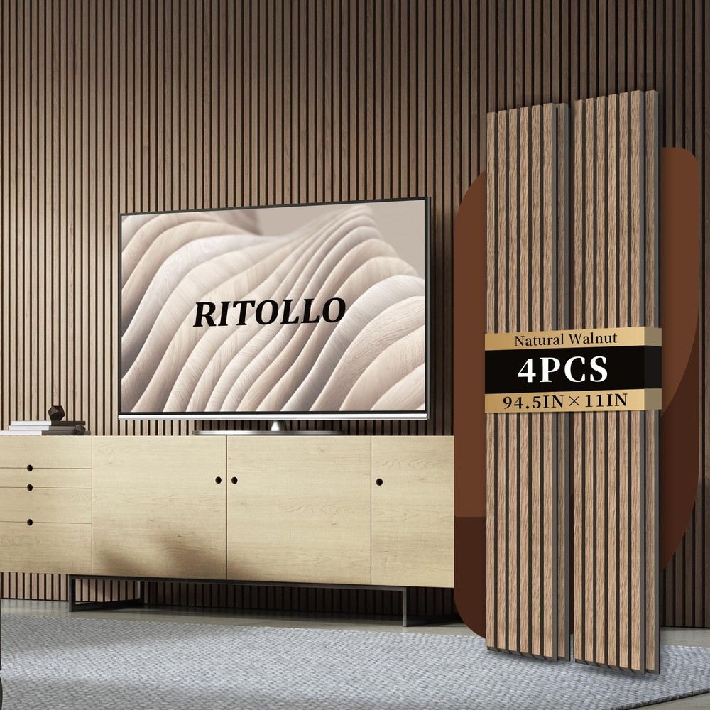 RITOLLO 4-Piece Wood Slat Panels for Wall 94.5×11 (4 PCS), Natural Walnut