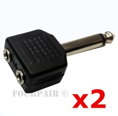 2pcs 1/4″ Mono Plug Male to Dual 3.5mm Stereo Female Jack Audio Adapter Splitter