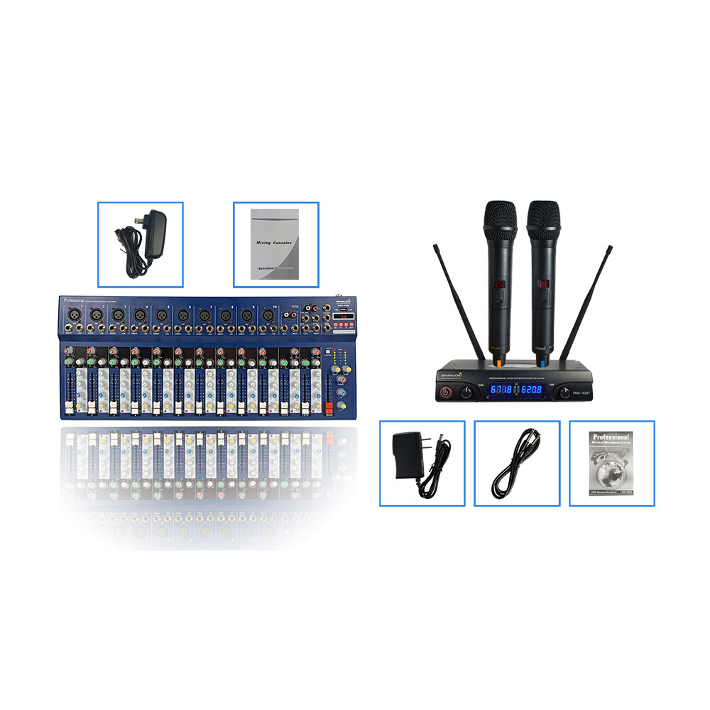 14-Channel Audio Mixer System Audio USB Mixing Console 2CH UHF Church Microphone