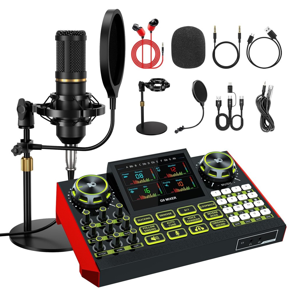 Podcast Microphone Bundle with Live Sound Card Audio Mixer, Podcast Equipment…