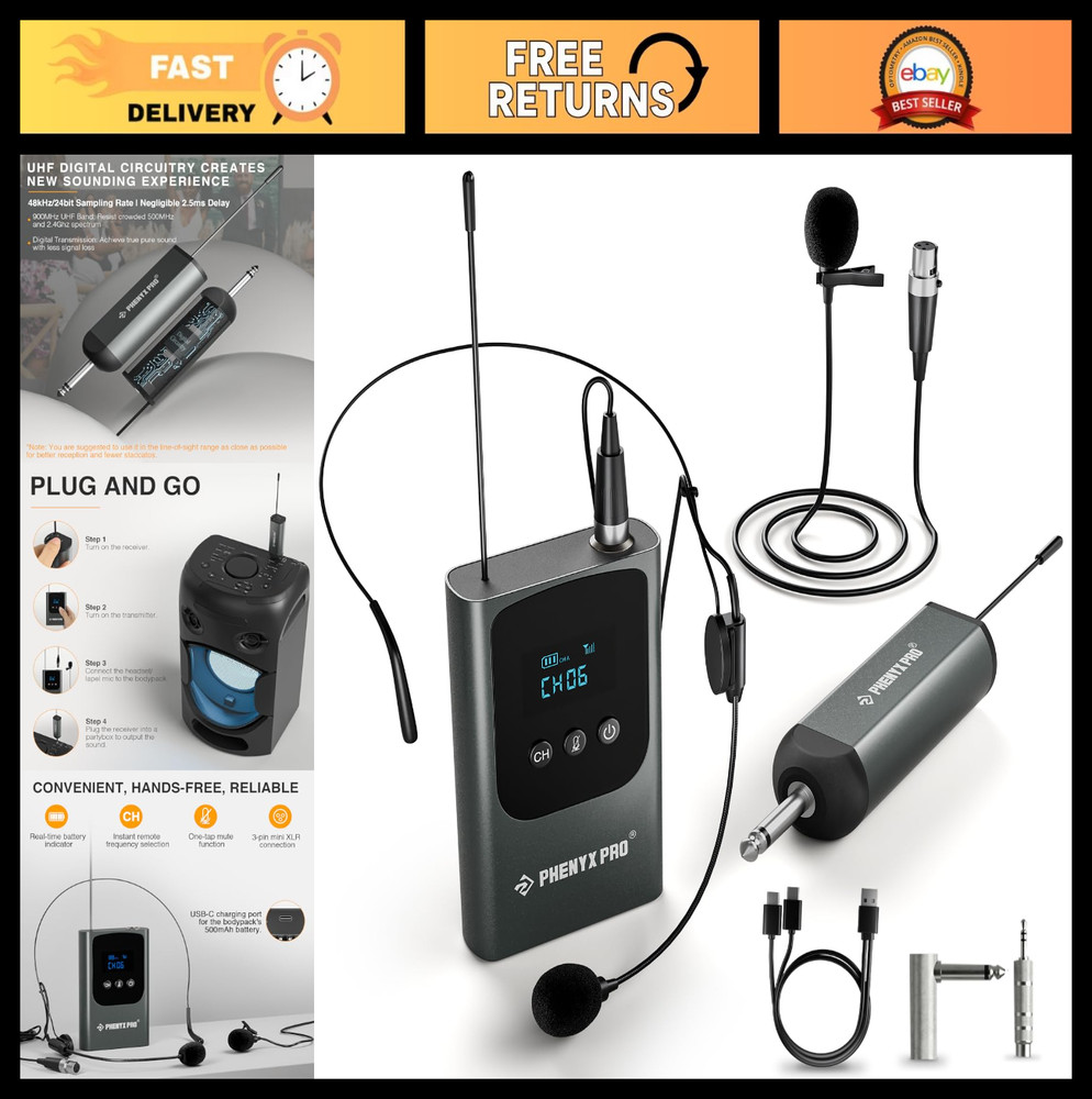 Digital Wireless Microphone System with Mini Receiver & Bodypack Transmitter, 15