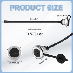 Round USB C 2.0 Panel Mount Extension Cable, Type-C Male to C Female, 1ft