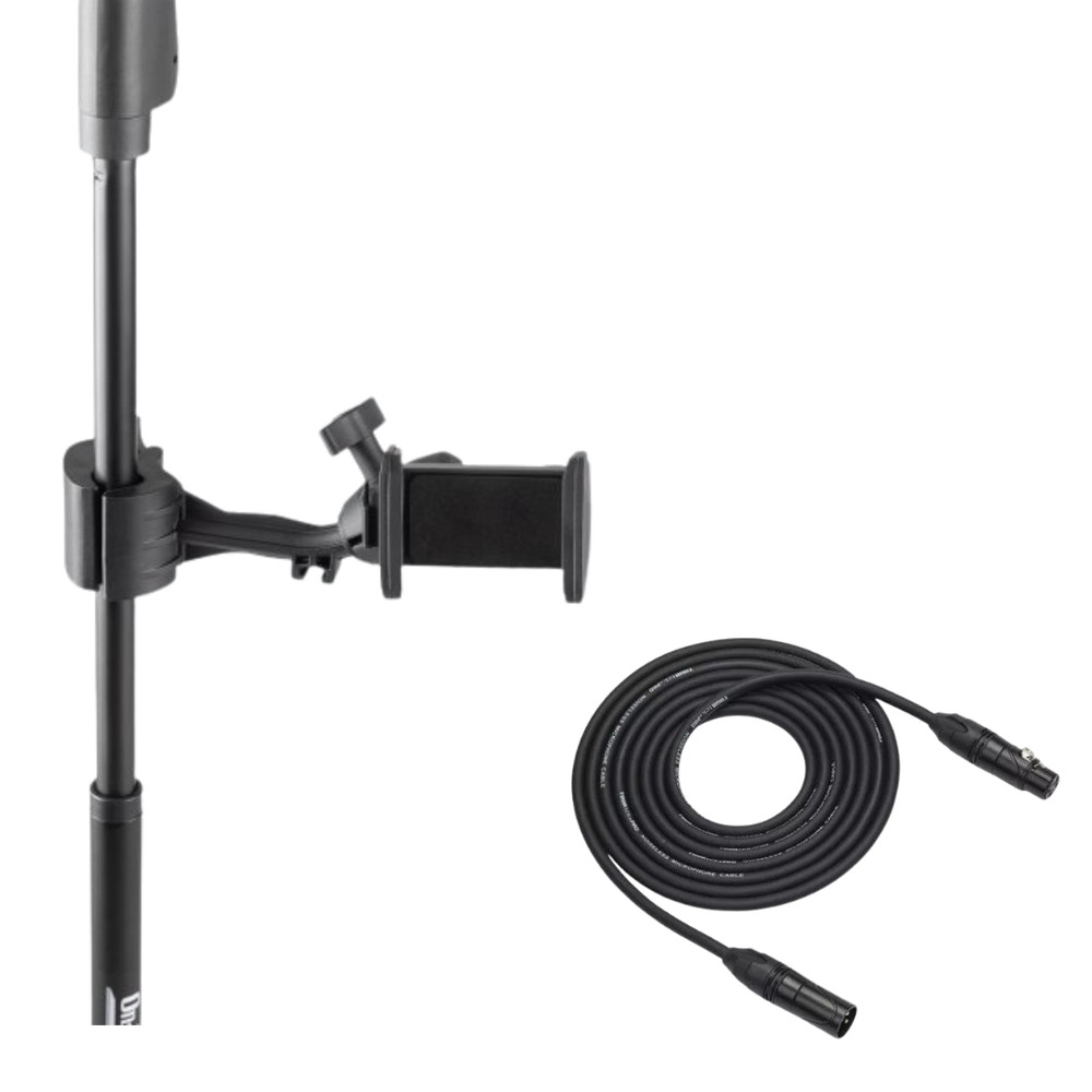Mic Stand Smartphone Holder + 25ft XLR Microphone Cable Vocal Recording Bundle