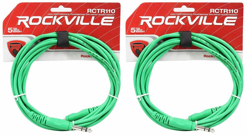 2 Rockville RCTR110G Green 10′ 1/4“ TRS to 1/4“ TRS Cable 100% Copper