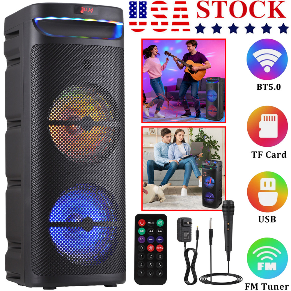 Portable Bluetooth Party Speaker with Dual 10″ Heavy Bass Sound System Mic FM DJ