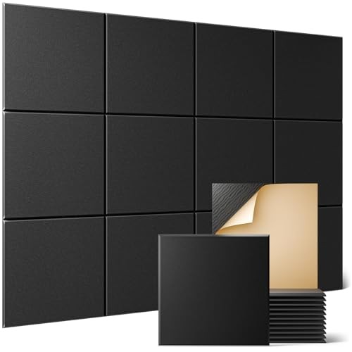 12 Pack Acoustic Wall Panels with Self-Adhesive, Flat Panels (12 Pack) Black