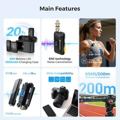 Wireless Lavalier Microphone for iPhone/Android/DSLR/Camera/PC, Wireless Lape…