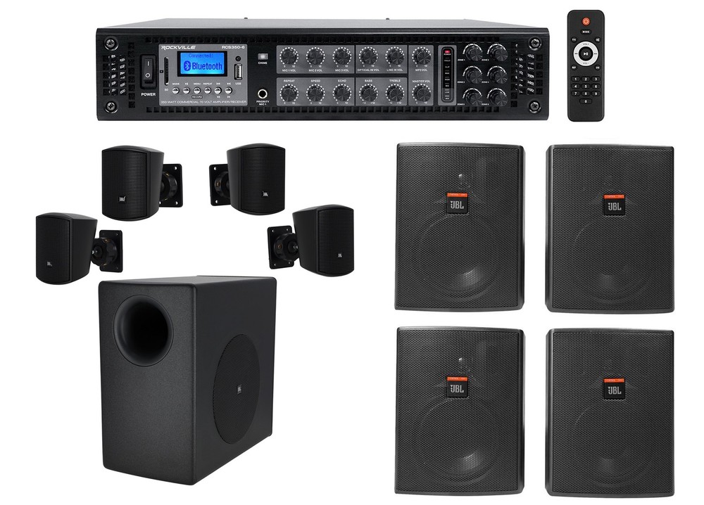 JBL Commercial Sub+(4) Satellite+(4) Wall Speakers+350w Amp For Office/Store/Gym
