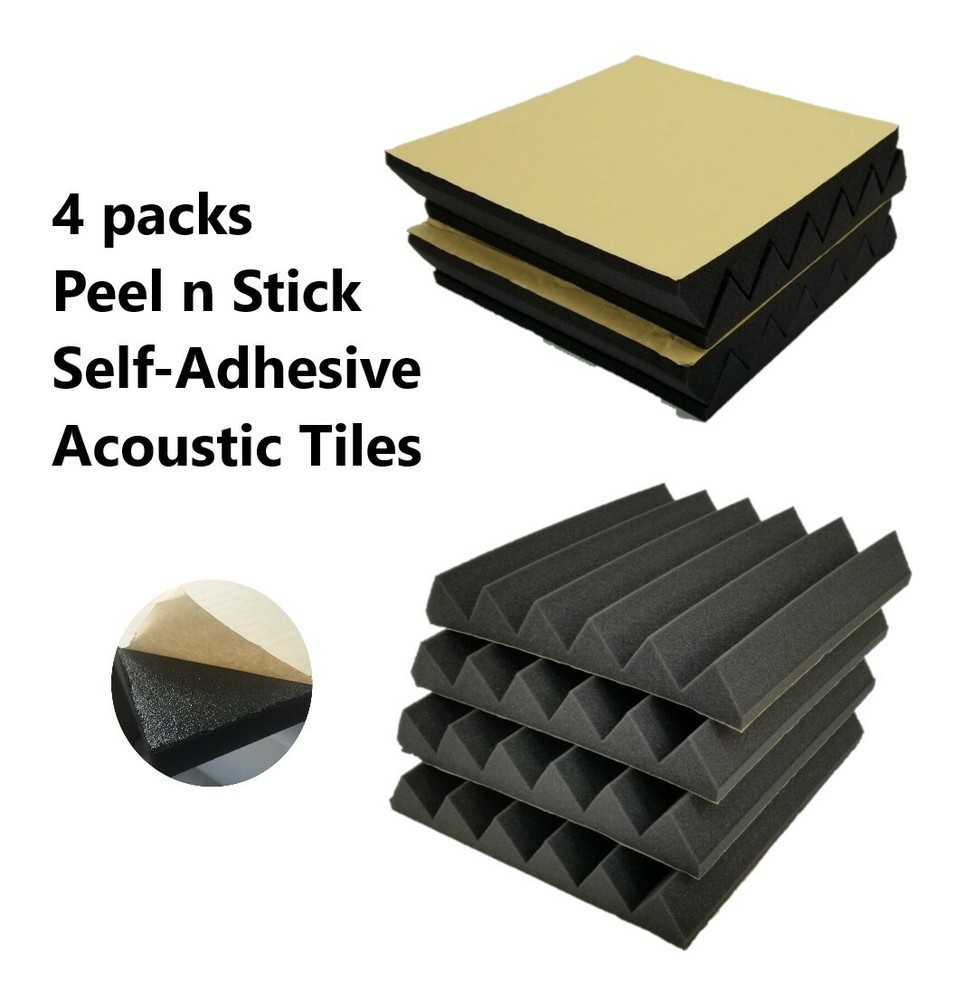 4 PK Black Premium Self Adhesive Glue Acoustic Foam Tiles 12x12x2 Soundproofing