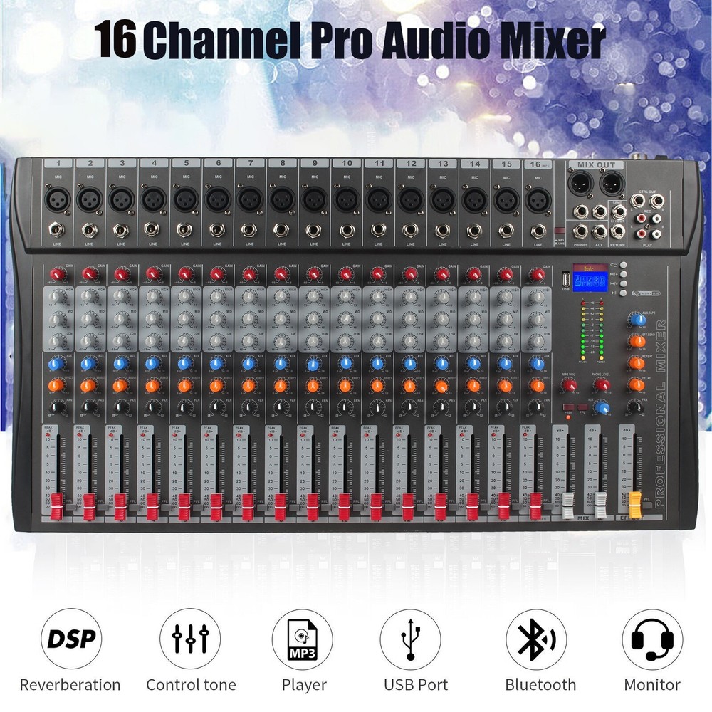 Pro 16 Channel Power Mixer Audio Mixing Console 16 DSP w/USB 110-220V Bluetooth