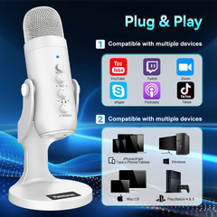 Professional White USB Condenser Microphone Studio Recording Mic for PC Computer