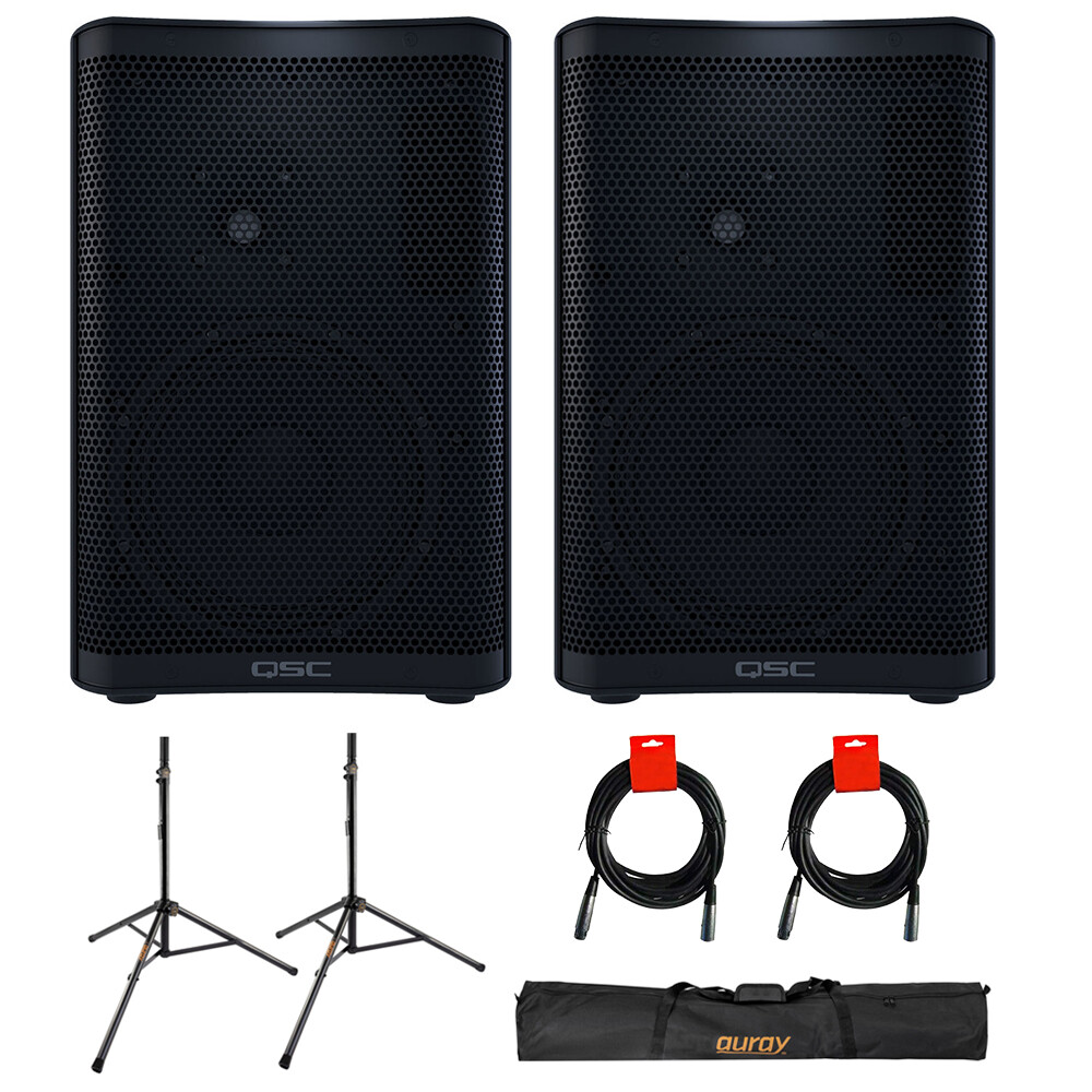 QSC CP8 Two-Way 8″ PA System (Pair) w/ Speaker Stand, Case, & 2x XLR Cables