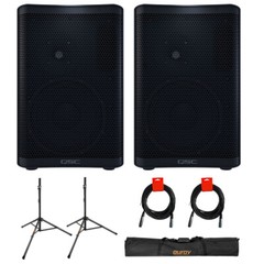 QSC CP8 Two-Way 8″ PA System (Pair) w/ Speaker Stand, Case, & 2x XLR Cables