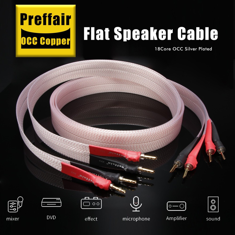 Silver Plated OCC Teflon Ribbon Flat HiFi Speaker Wire Cable with Banana Plug