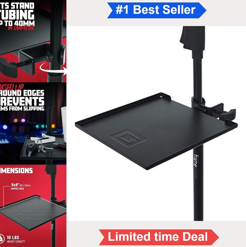 Microphone Stand Clamp-On Utility Shelf 9×9 Inch Black 10 lb Capacity for