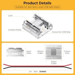 20 Pack COB 0.31in(8mm) 2 pin Transparent Connector, 6.6FT(200cm) Long 20AWG