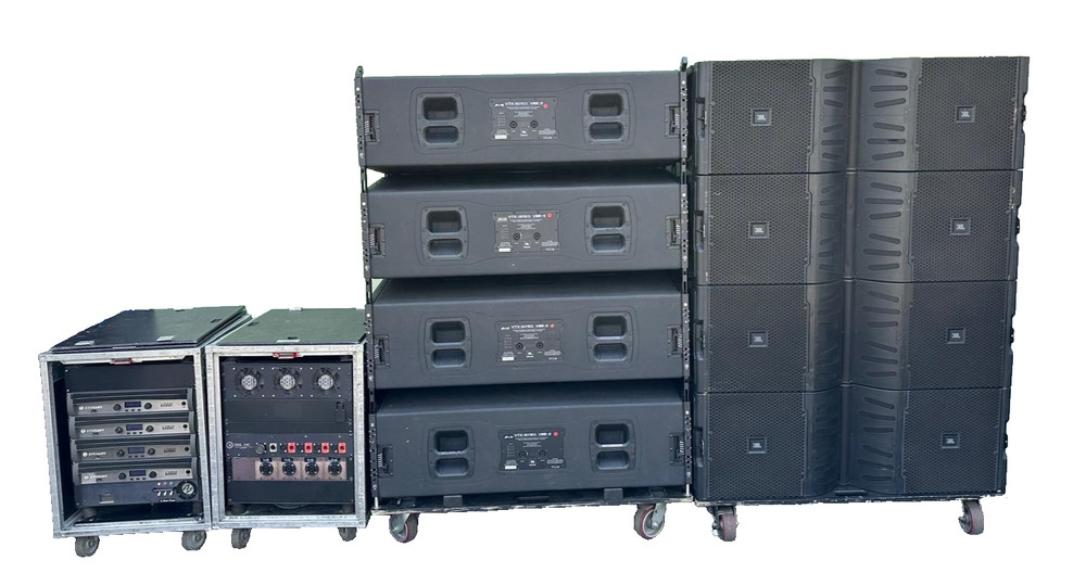 (8) JBL VTX-V25-11 LINE ARRAY W/ TRANSPORT CART AND CROWN AMP RACKS (THS)